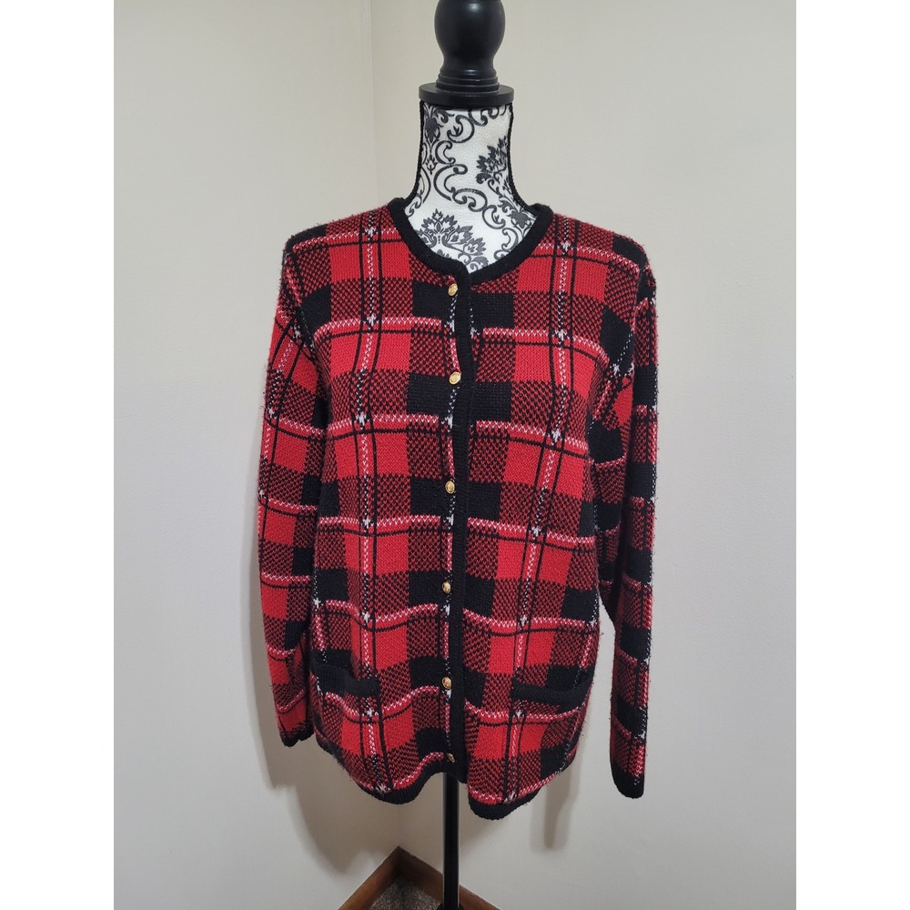 Vintage Classic Elements Red Black Plaid Cardigan‎ Sweater  Womens Medium